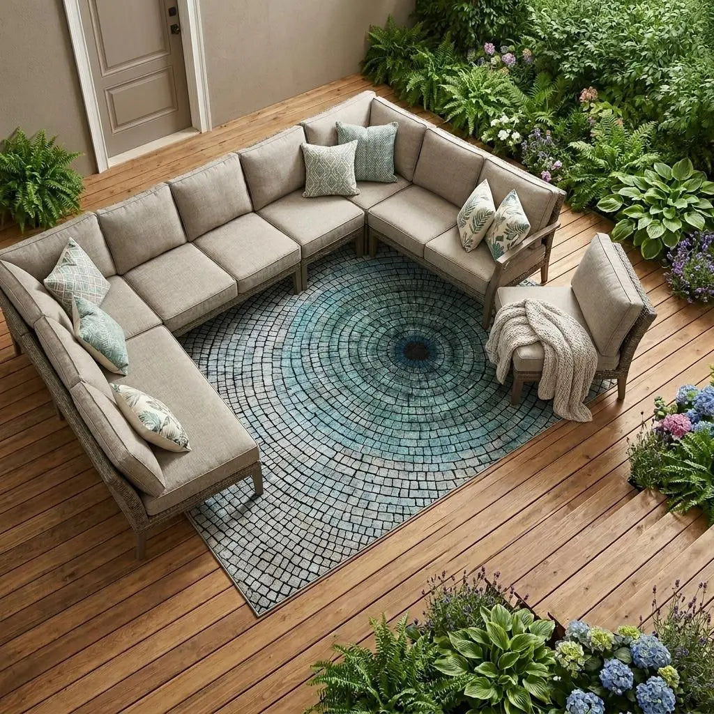 8' X 10' Teal Blue And Gray Geometric Washable Indoor Outdoor Area Rug Homeroots Outdoor