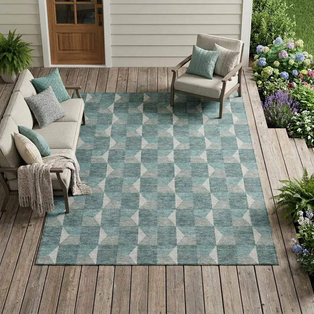 8' X 10' Teal Blue And Gray Geometric Washable Indoor Outdoor Area Rug Homeroots Outdoor
