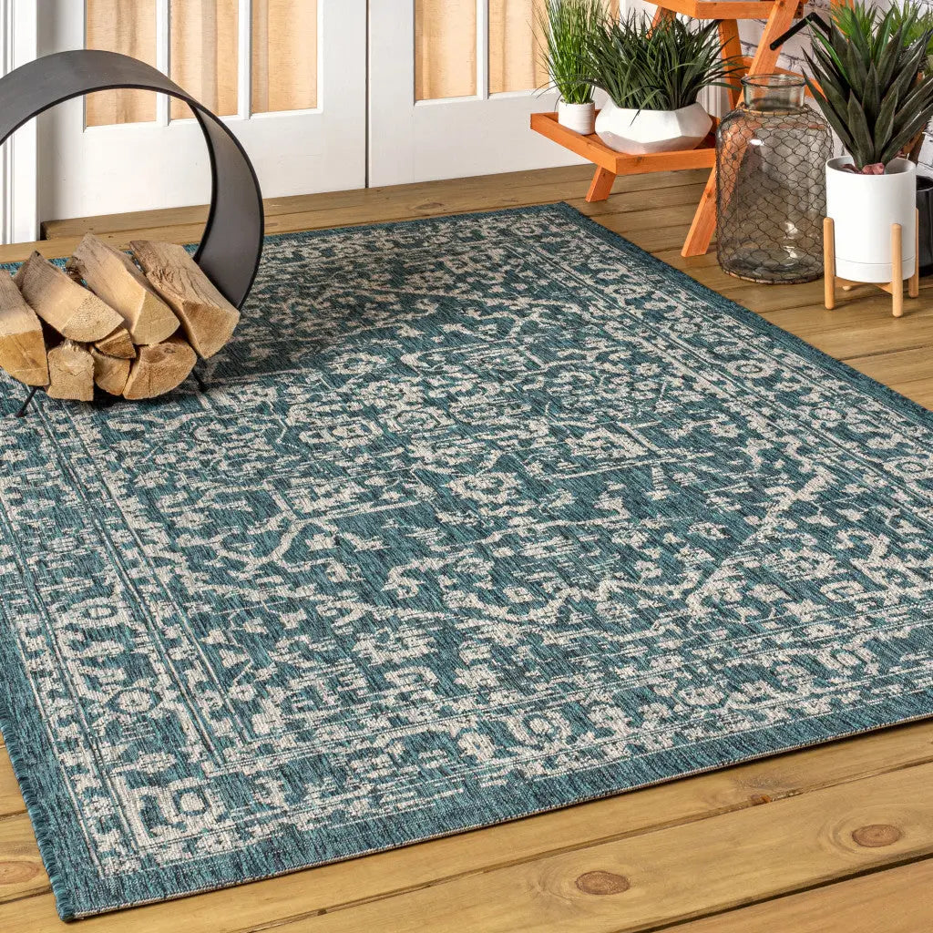 8' X 10' Teal Blue And Gray Medallion Indoor Outdoor Area Rug Homeroots Outdoor