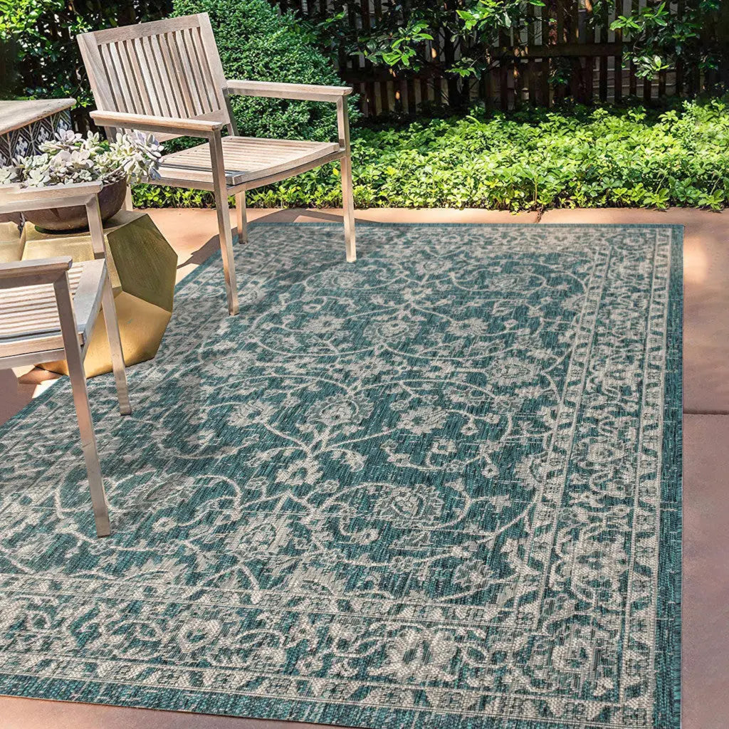 8' X 10' Teal Blue And Gray Medallion Indoor Outdoor Area Rug Homeroots Outdoor