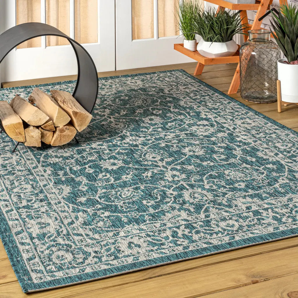 8' X 10' Teal Blue And Gray Medallion Indoor Outdoor Area Rug Homeroots Outdoor