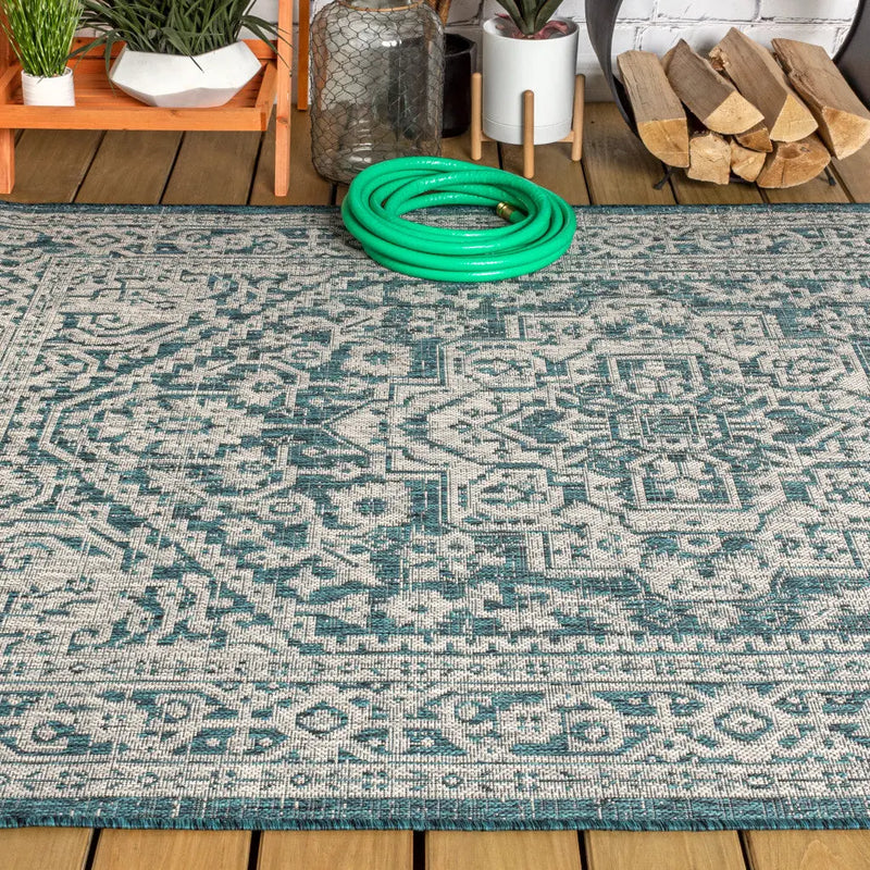 8' X 10' Teal Blue And Gray Medallion Indoor Outdoor Area Rug Homeroots Outdoor