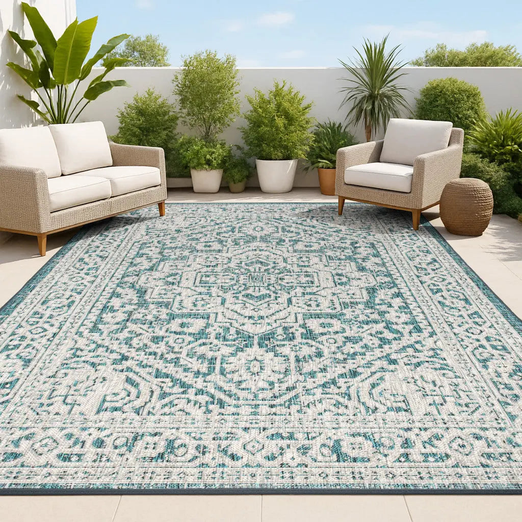 8' X 10' Teal Blue And Gray Medallion Indoor Outdoor Area Rug Homeroots Outdoor