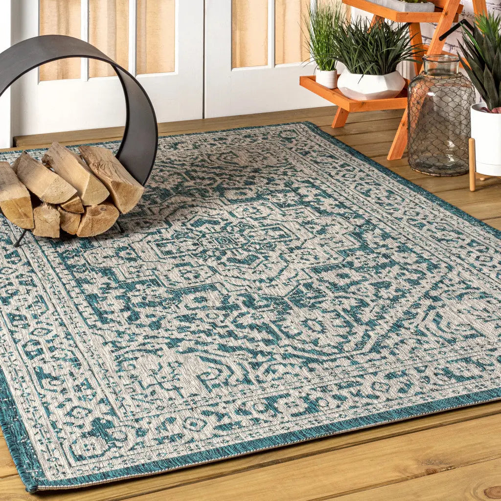 8' X 10' Teal Blue And Gray Medallion Indoor Outdoor Area Rug Homeroots Outdoor