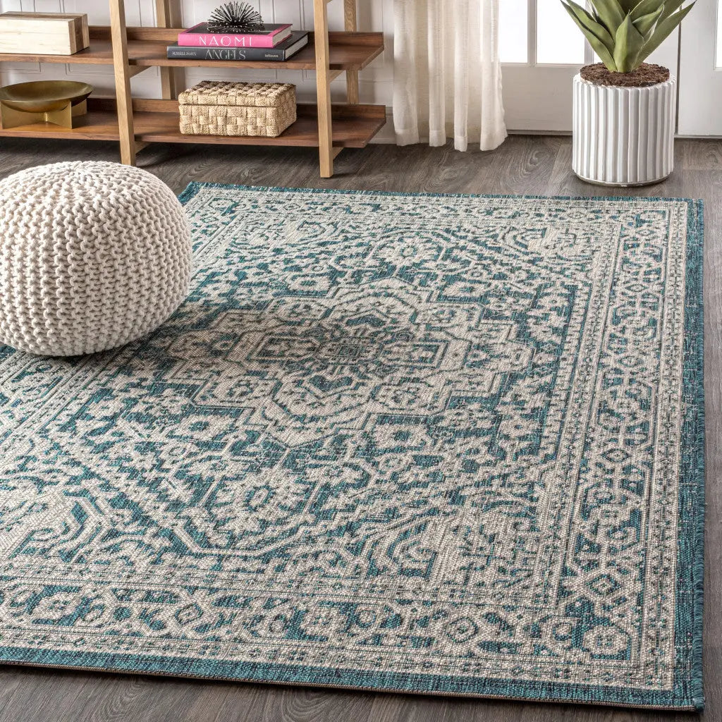 8' X 10' Teal Blue And Gray Medallion Indoor Outdoor Area Rug Homeroots Outdoor