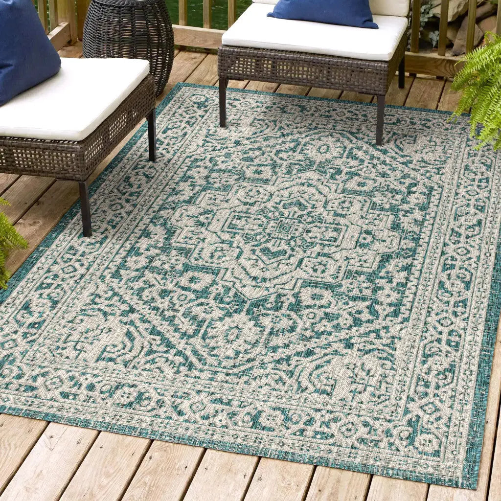 8' X 10' Teal Blue And Gray Medallion Indoor Outdoor Area Rug Homeroots Outdoor