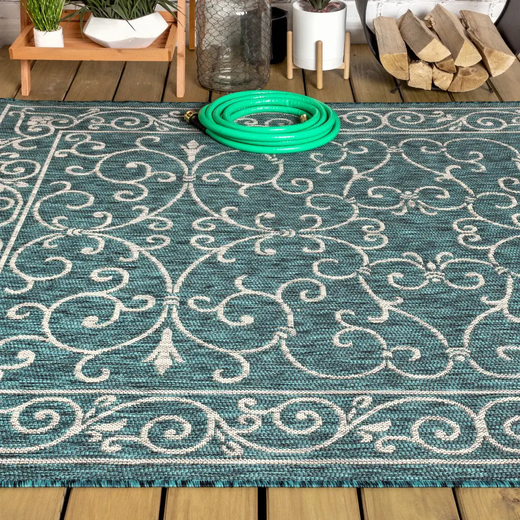 8' X 10' Teal Blue And Gray Medallion Indoor Outdoor Area Rug Homeroots Outdoor