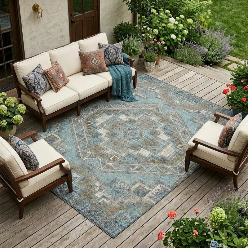 8' X 10' Teal Blue And Gray Southwestern Washable Indoor Outdoor Area Rug Homeroots Outdoor