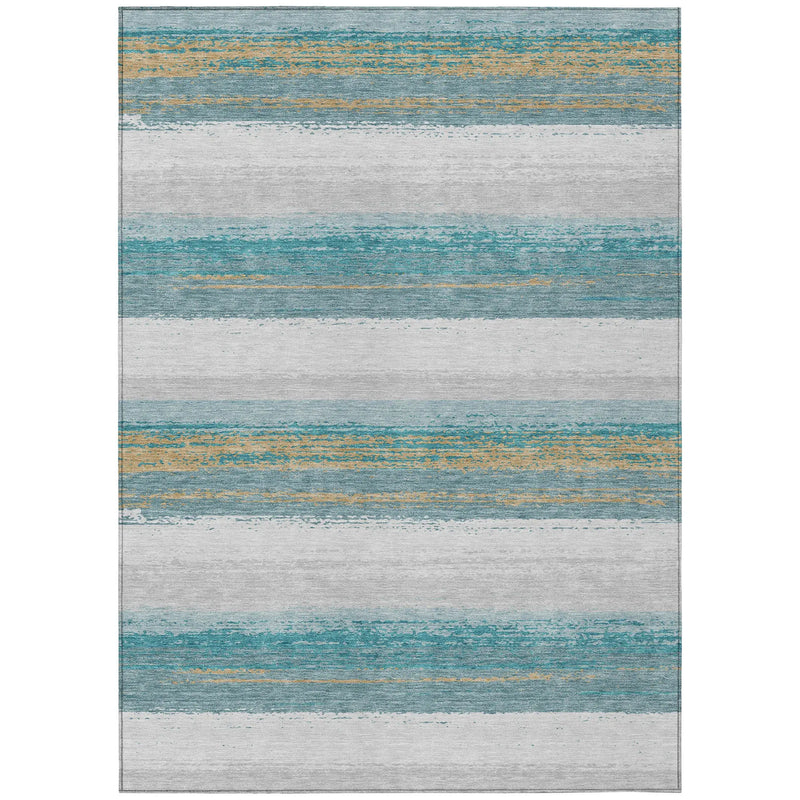 8' X 10' Teal Blue And Gray Striped Washable Indoor Outdoor Area Rug Homeroots Outdoor