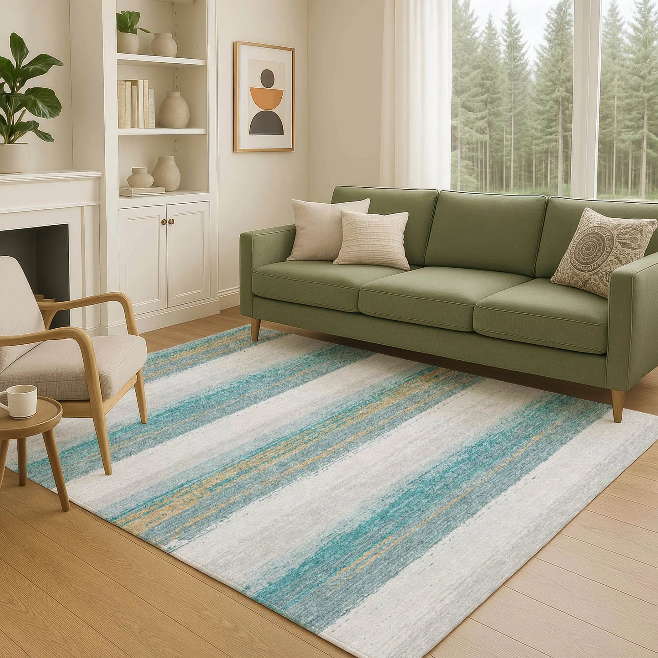 8' X 10' Teal Blue And Gray Striped Washable Indoor Outdoor Area Rug Homeroots Outdoor