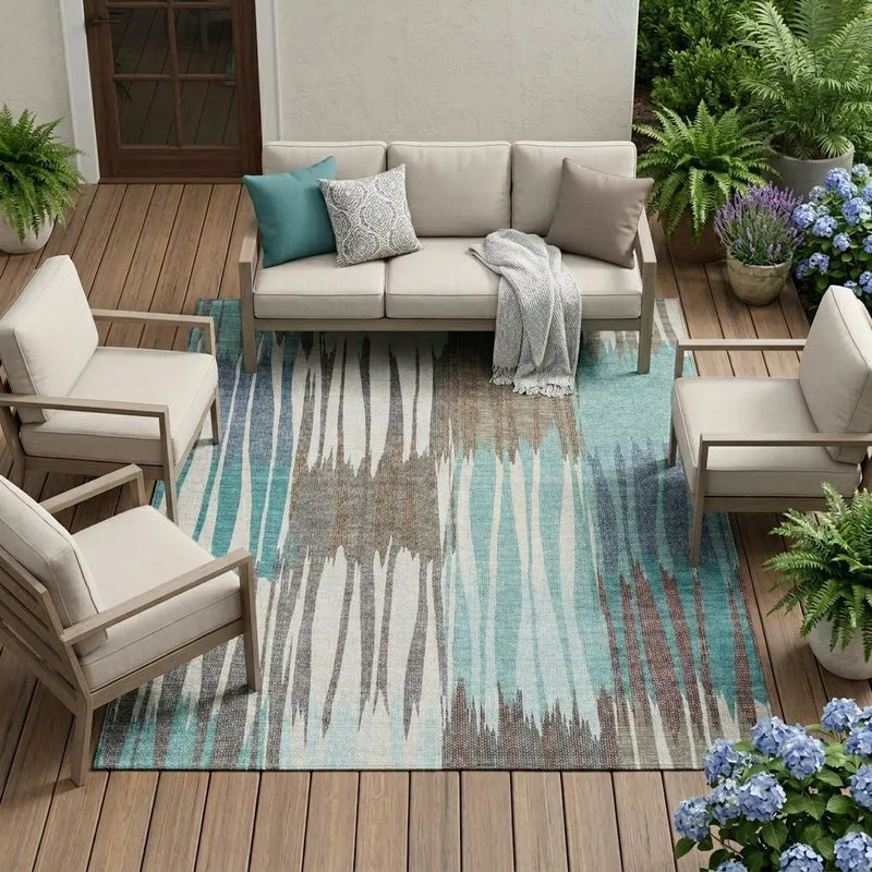 8' X 10' Teal Blue And Gray Striped Washable Indoor Outdoor Area Rug Homeroots Outdoor