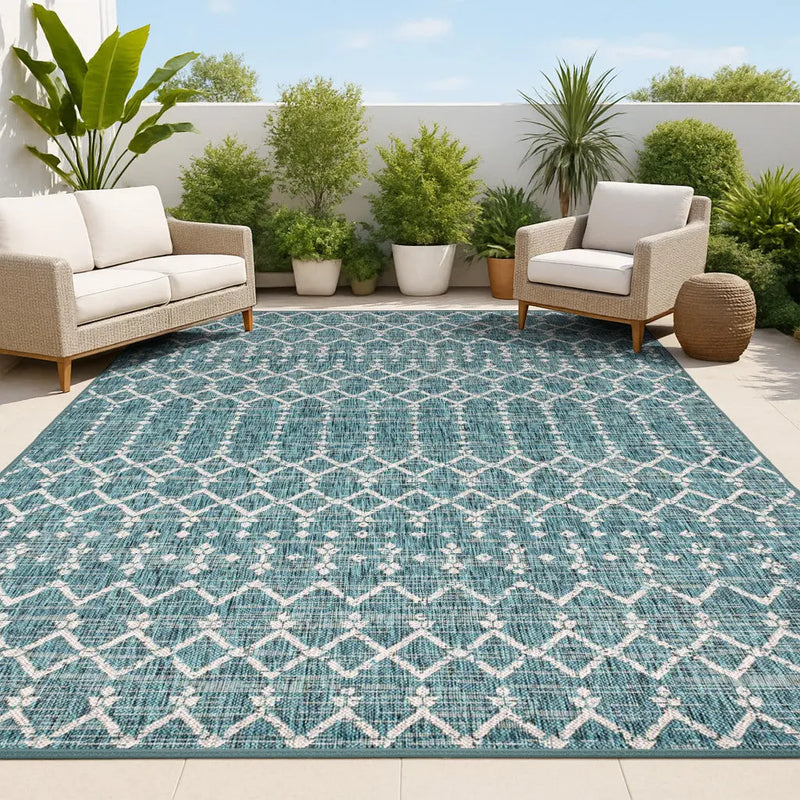 8' X 10' Teal Blue And Gray Trellis Indoor Outdoor Area Rug Homeroots Outdoor