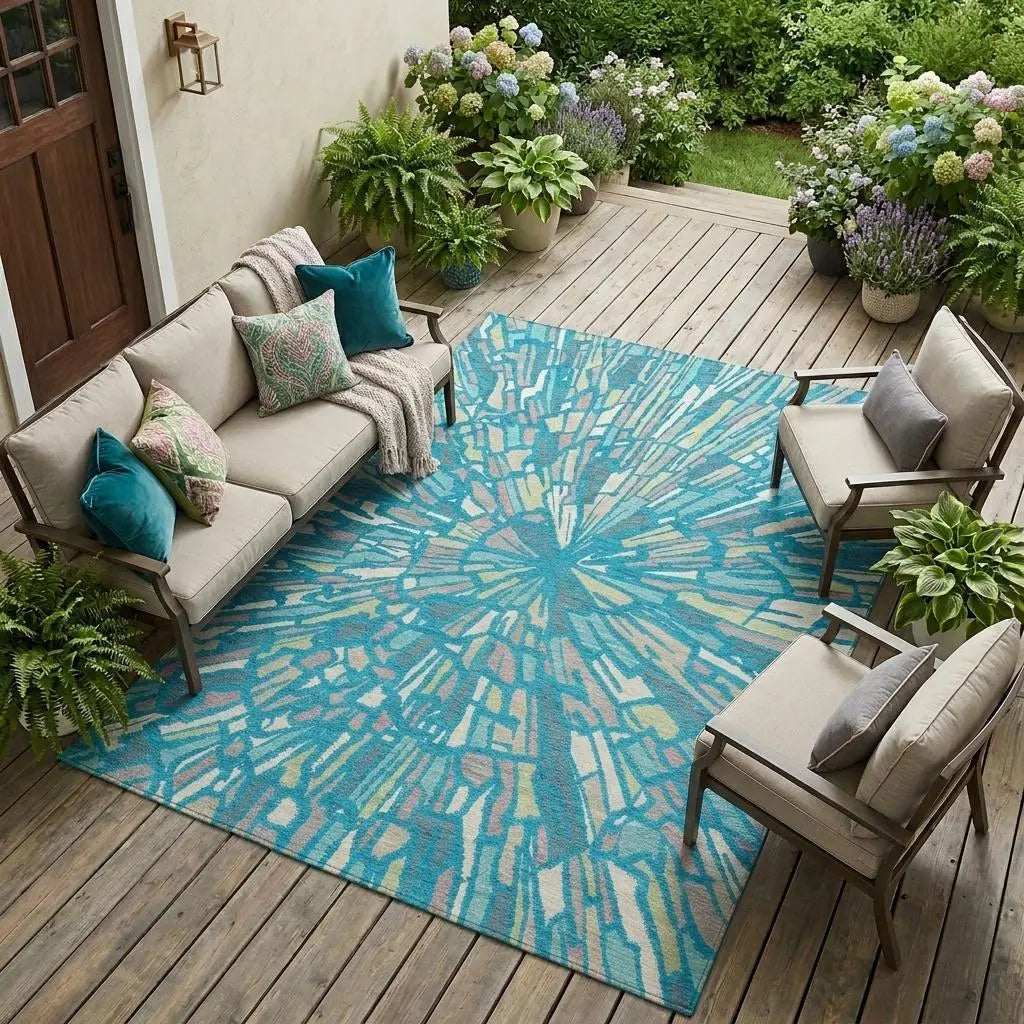 8' X 10' Teal Blue And Green Abstract Washable Indoor Outdoor Area Rug Homeroots Outdoor