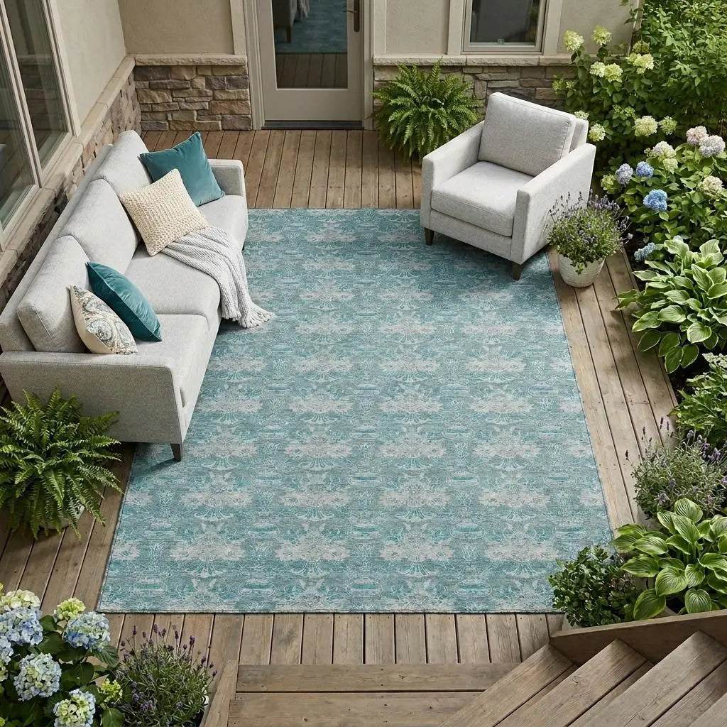 8' X 10' Teal Blue And Green Floral Washable Indoor Outdoor Area Rug Homeroots Outdoor