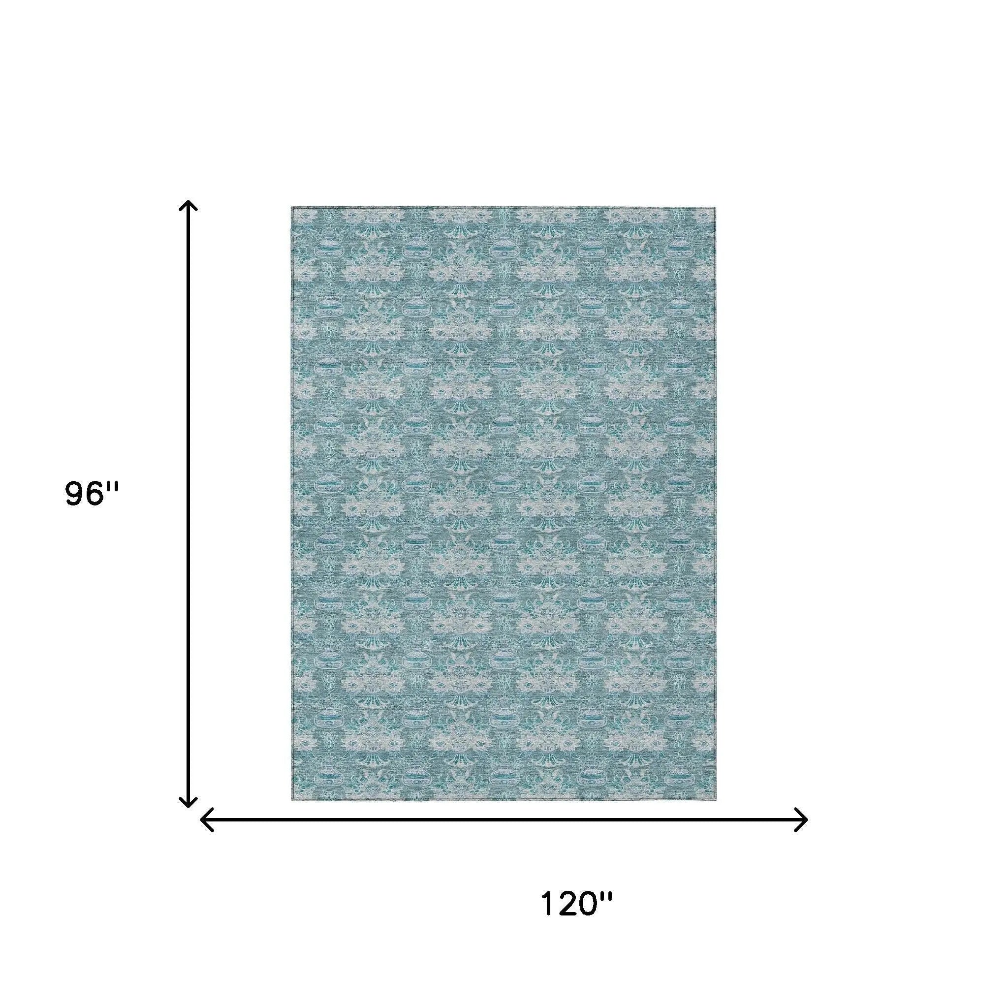 8' X 10' Teal Blue And Green Floral Washable Indoor Outdoor Area Rug Homeroots Outdoor