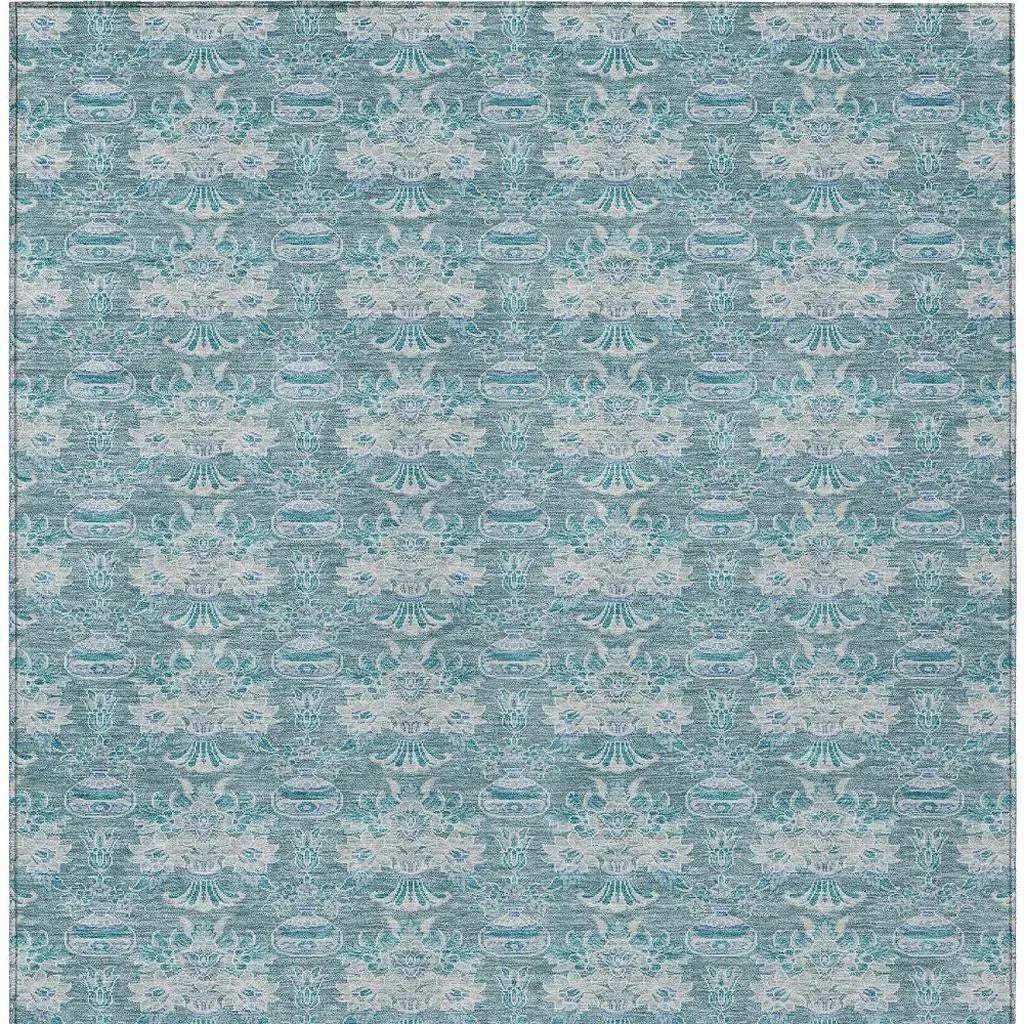 8' X 10' Teal Blue And Green Floral Washable Indoor Outdoor Area Rug Homeroots Outdoor