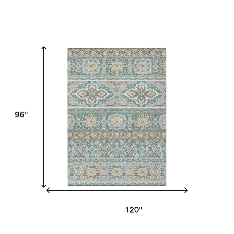 8' X 10' Teal Blue And Green Tribal Washable Indoor Outdoor Area Rug Homeroots Outdoor