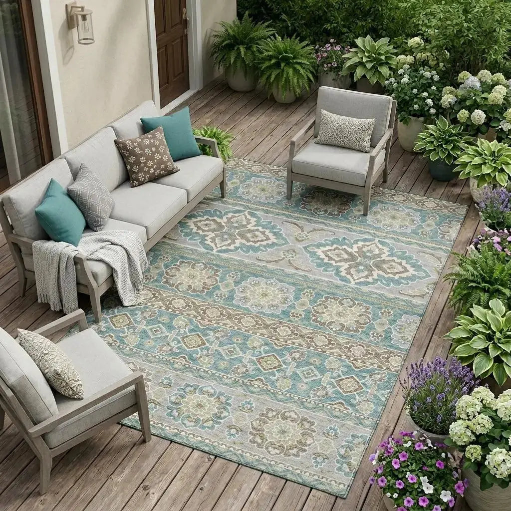 8' X 10' Teal Blue And Green Tribal Washable Indoor Outdoor Area Rug Homeroots Outdoor