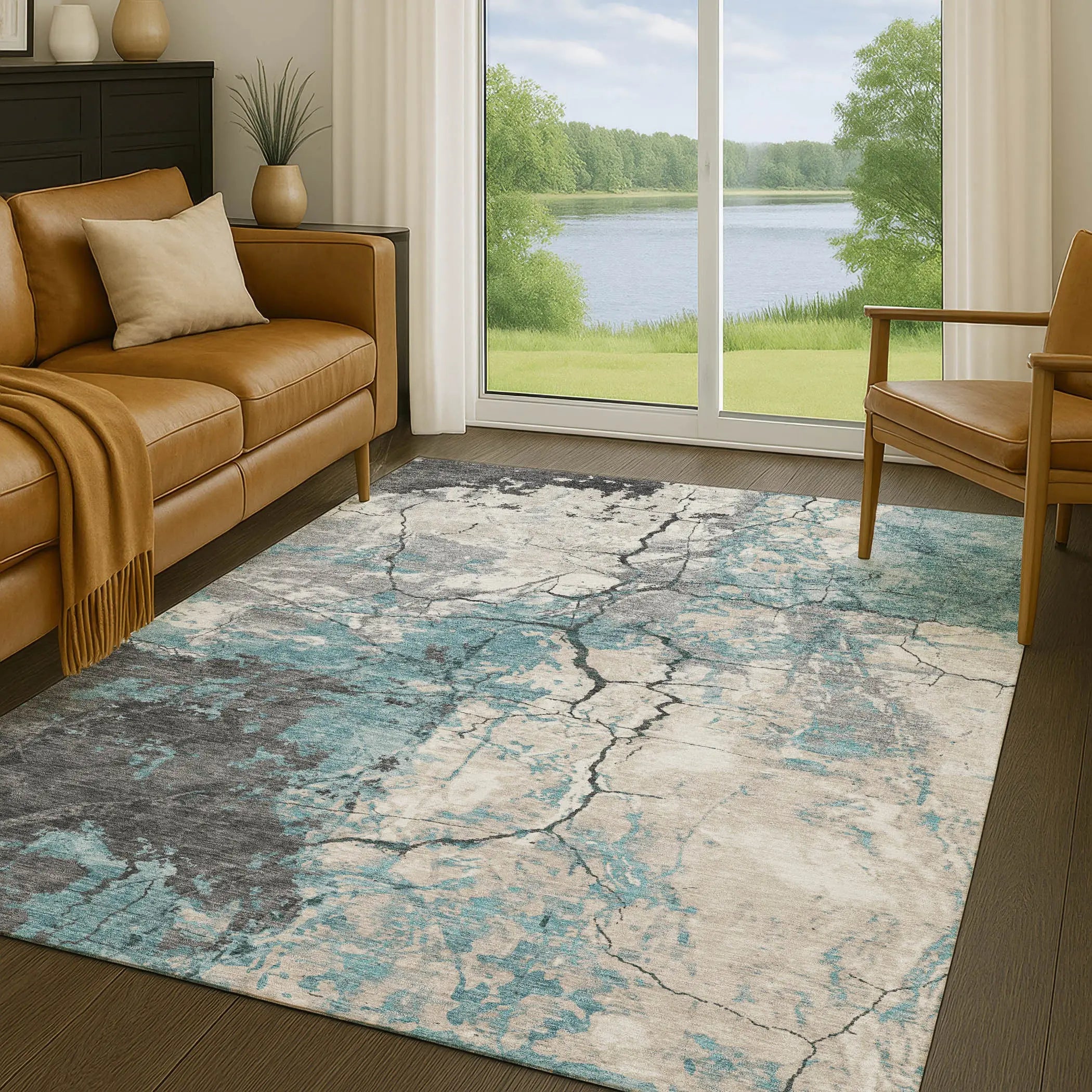 8' X 10' Teal Blue And Ivory Abstract Washable Indoor Outdoor Area Rug Homeroots Outdoor