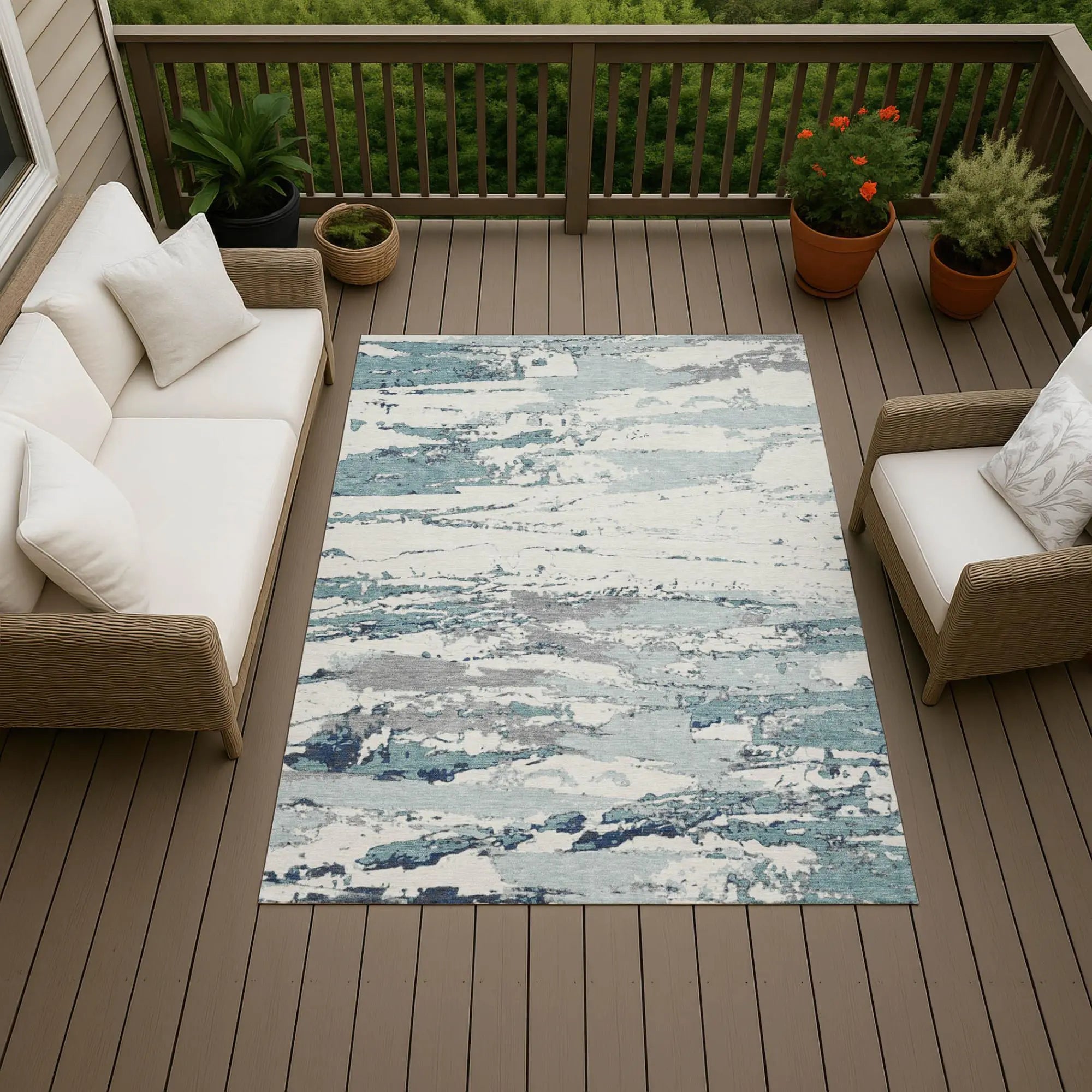 8' X 10' Teal Blue And Ivory Abstract Washable Indoor Outdoor Area Rug Homeroots Outdoor
