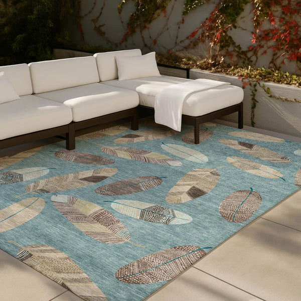 8' X 10' Teal Blue And Ivory Botanical Leaves Washable Indoor Outdoor Area Rug Homeroots Outdoor