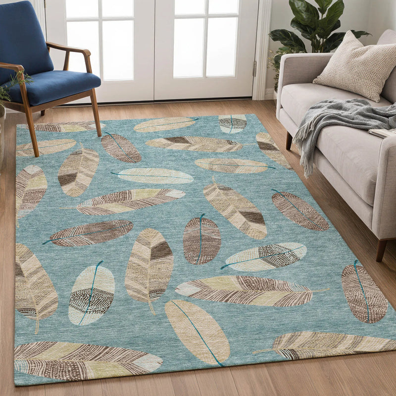 8' X 10' Teal Blue And Ivory Botanical Leaves Washable Indoor Outdoor Area Rug Homeroots Outdoor