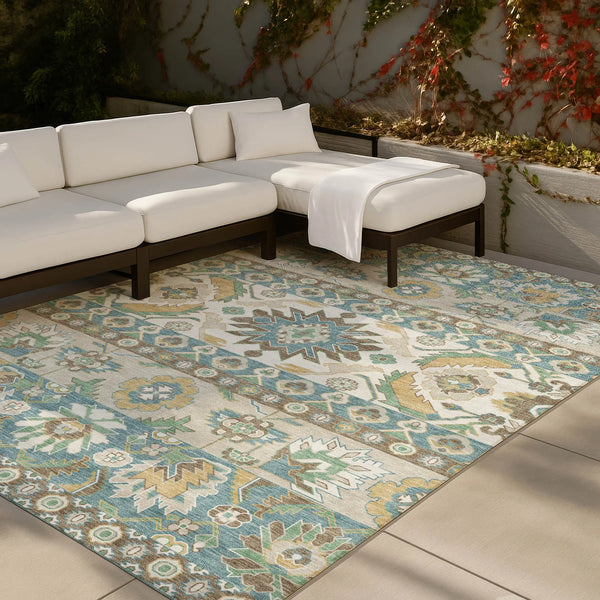 8' X 10' Teal Blue And Ivory Cactus Washable Indoor Outdoor Area Rug Homeroots Outdoor