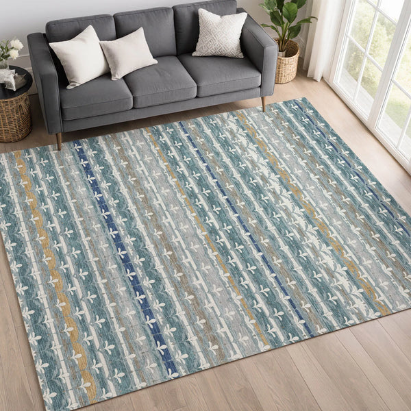 8' X 10' Teal Blue And Ivory Damask Washable Indoor Outdoor Area Rug Homeroots Outdoor