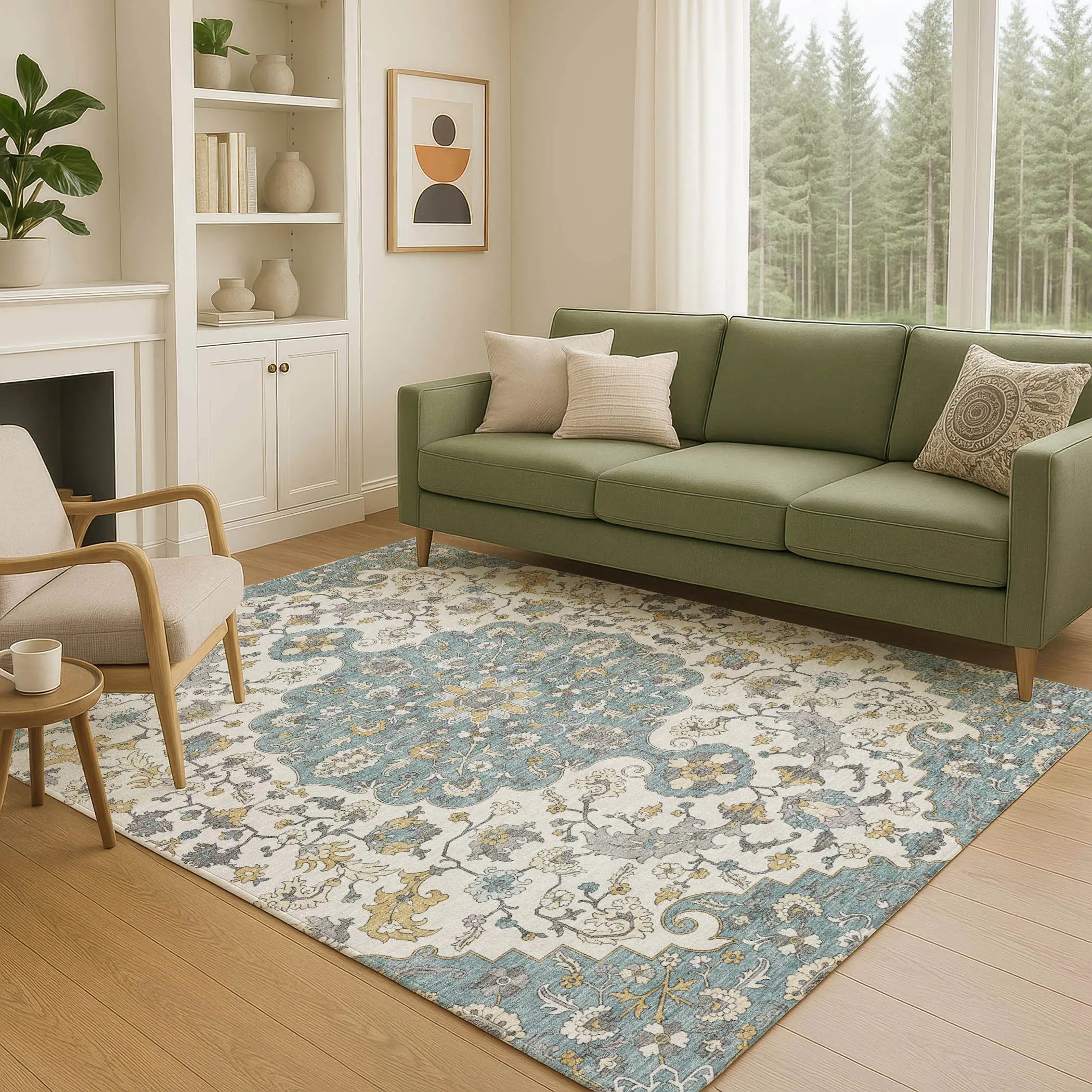 8' X 10' Teal Blue And Ivory Floral Medallion Washable Indoor Outdoor Area Rug Homeroots Outdoor