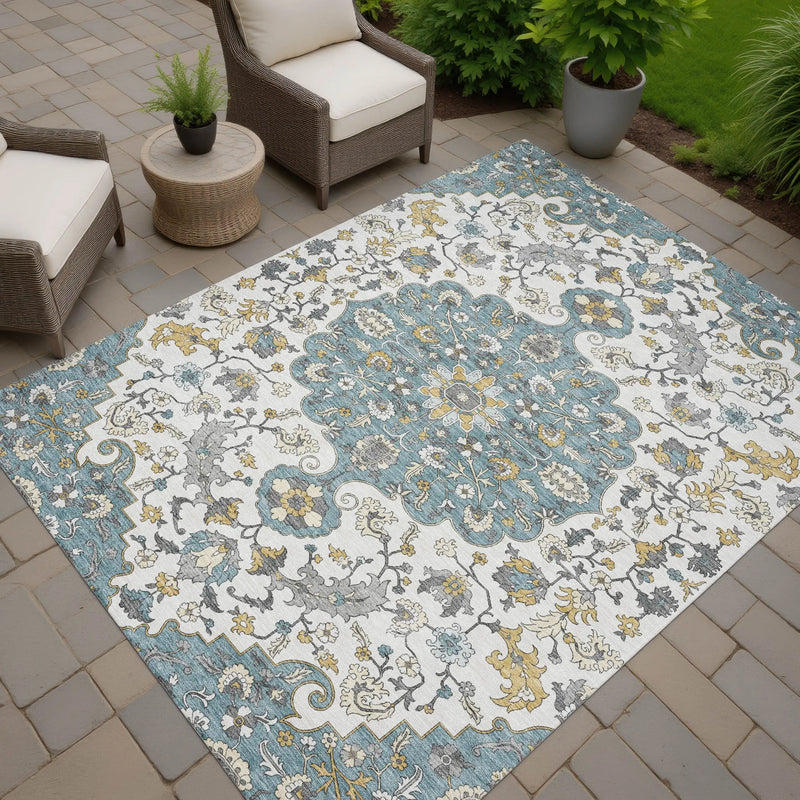 8' X 10' Teal Blue And Ivory Floral Medallion Washable Indoor Outdoor Area Rug Homeroots Outdoor
