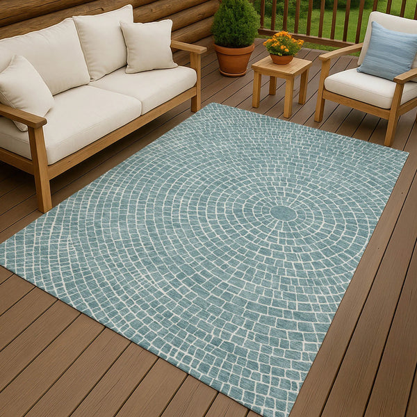 8' X 10' Teal Blue And Ivory Geometric Washable Indoor Outdoor Area Rug Homeroots Outdoor