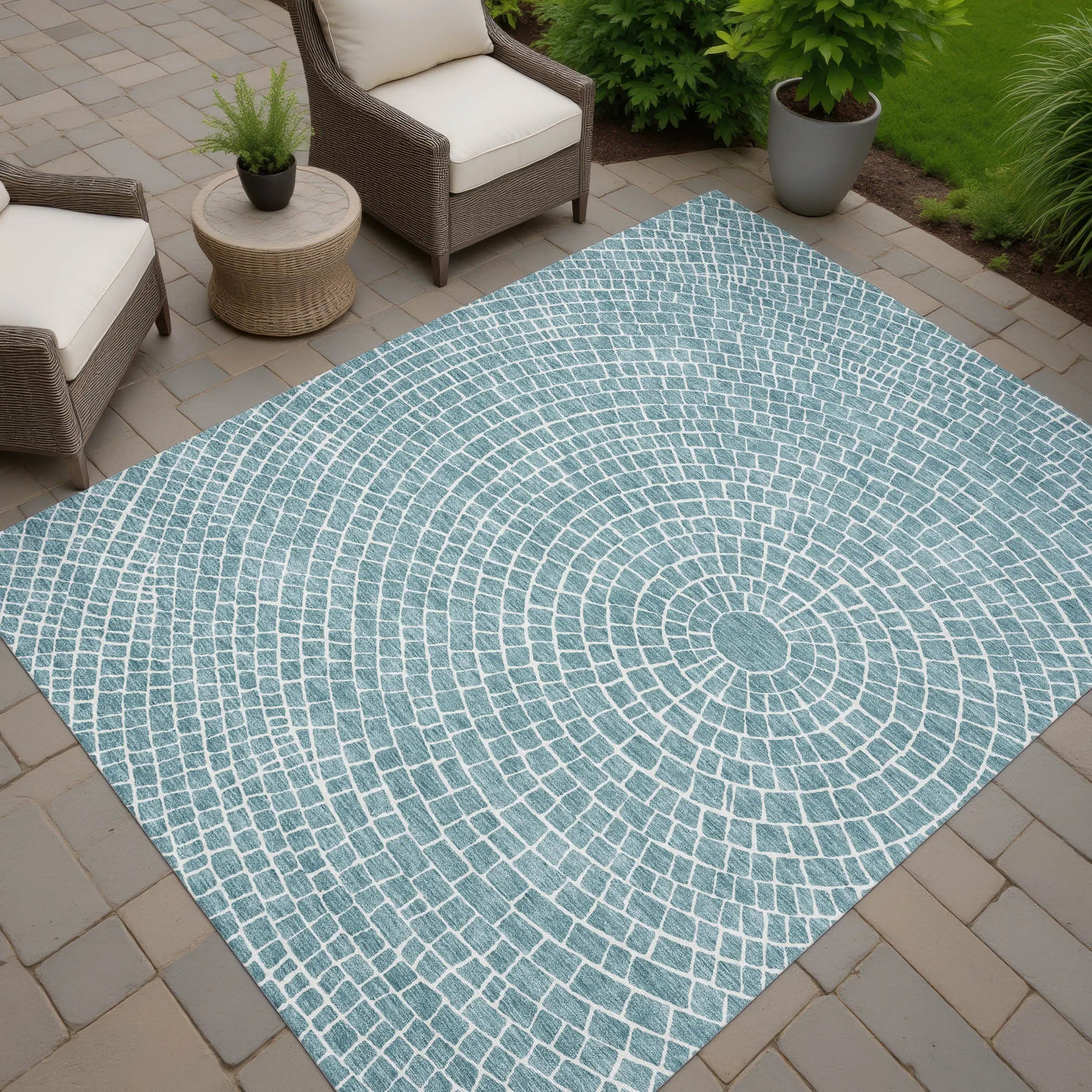 8' X 10' Teal Blue And Ivory Geometric Washable Indoor Outdoor Area Rug Homeroots Outdoor
