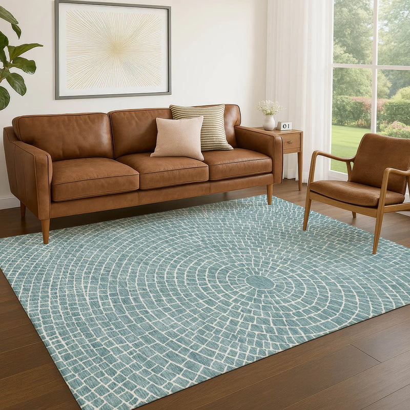 8' X 10' Teal Blue And Ivory Geometric Washable Indoor Outdoor Area Rug Homeroots Outdoor
