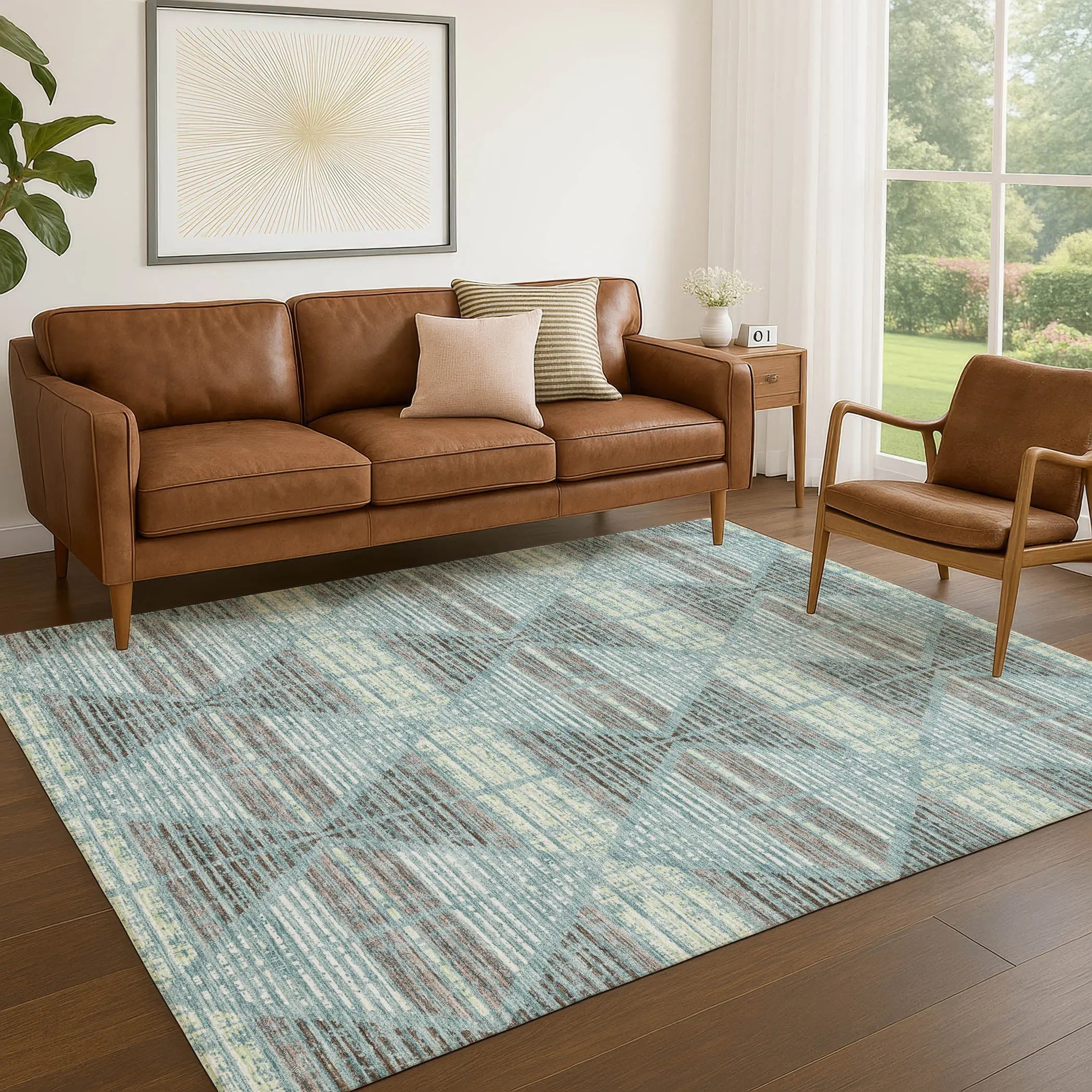 8' X 10' Teal Blue And Ivory Geometric Washable Indoor Outdoor Area Rug Homeroots Outdoor