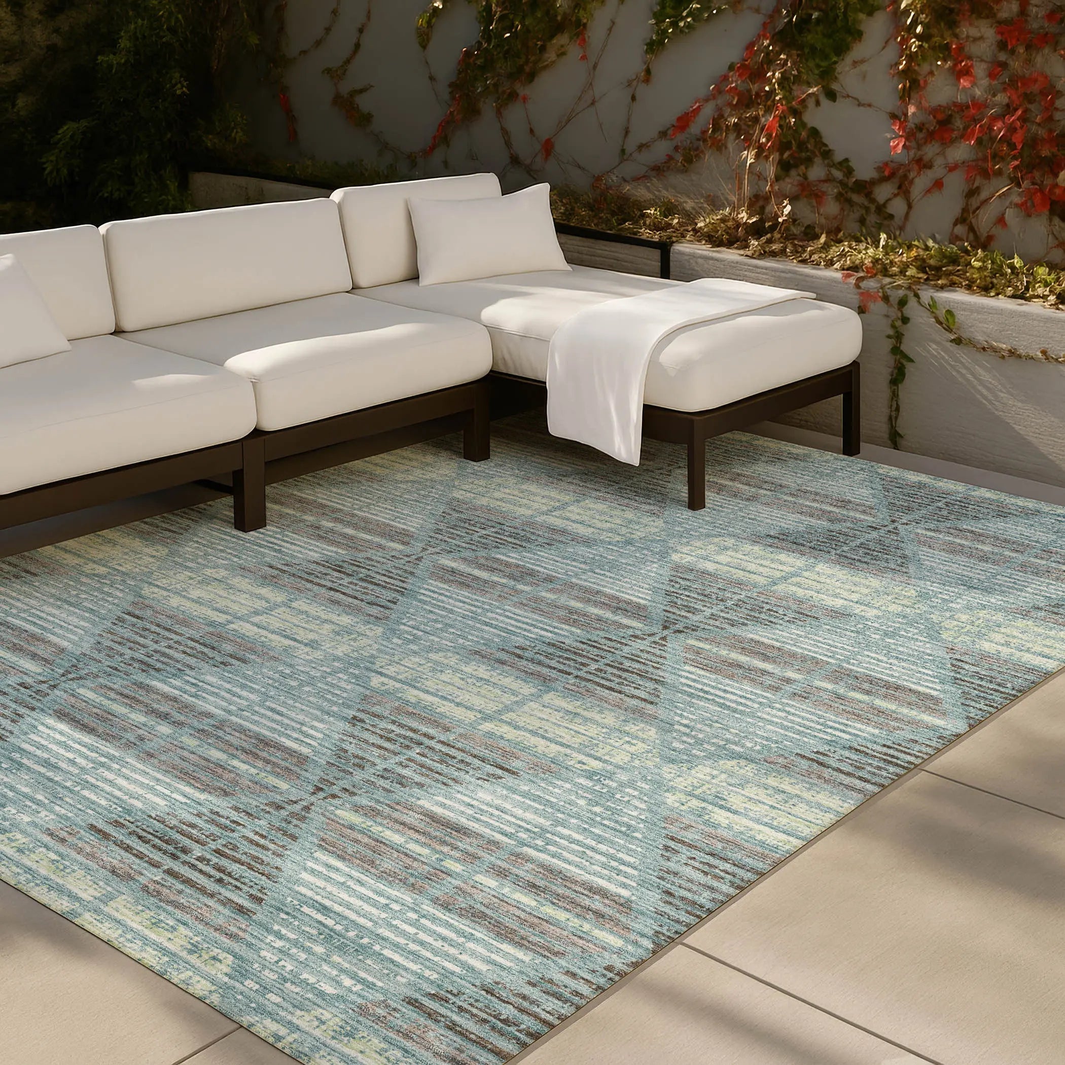 8' X 10' Teal Blue And Ivory Geometric Washable Indoor Outdoor Area Rug Homeroots Outdoor
