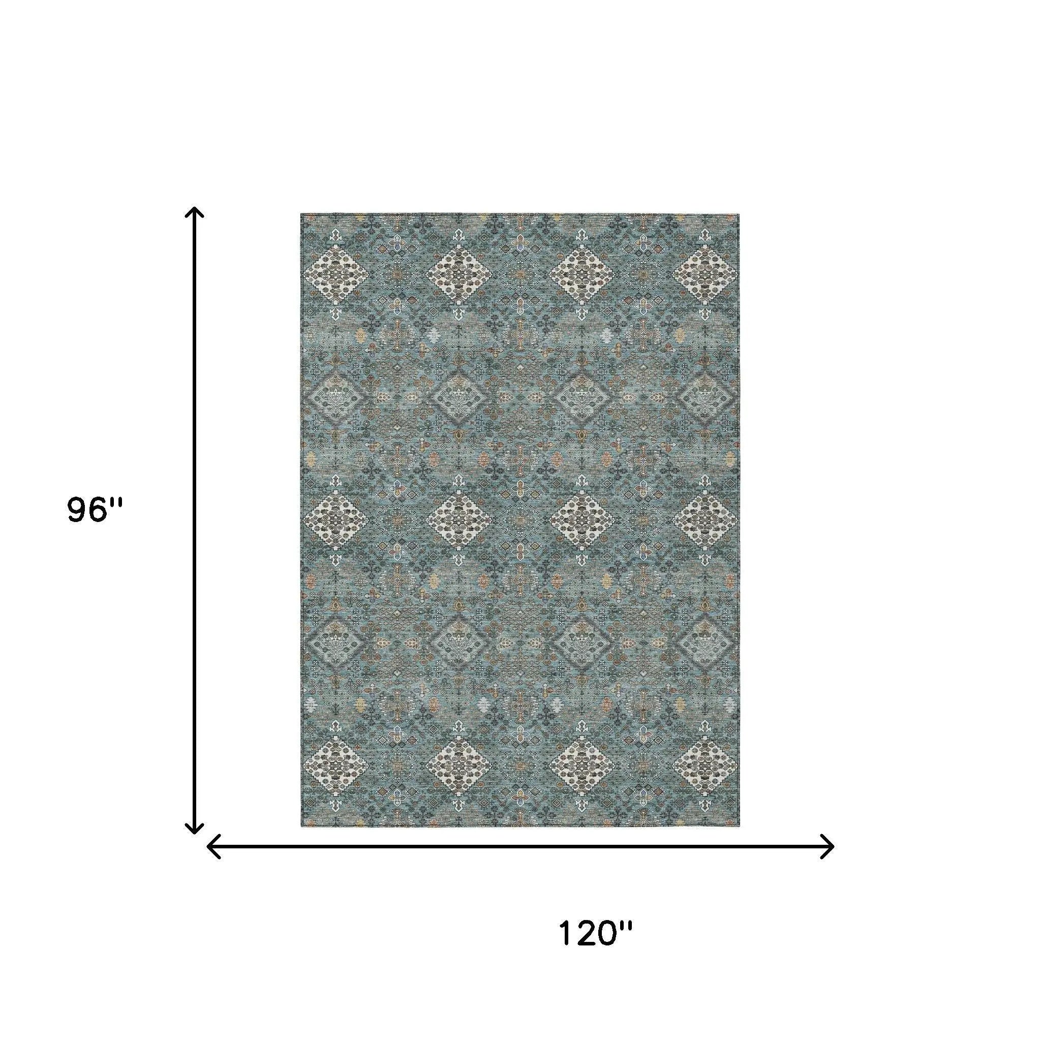 8' X 10' Teal Blue And Ivory Geometric Washable Indoor Outdoor Area Rug Homeroots Outdoor