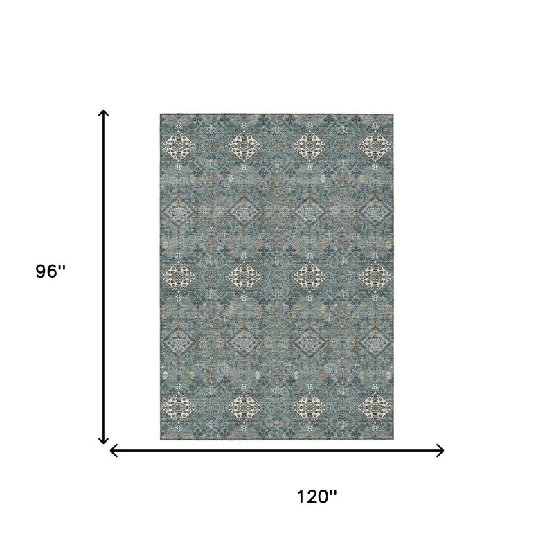 8' X 10' Teal Blue And Ivory Geometric Washable Indoor Outdoor Area Rug Homeroots Outdoor