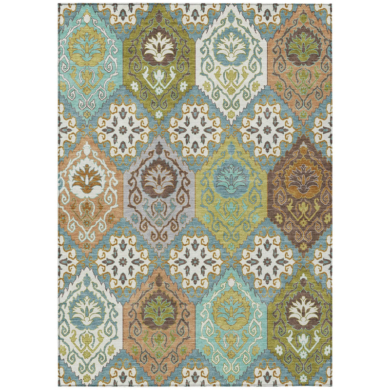 8' X 10' Teal Blue And Ivory Geometric Washable Indoor Outdoor Area Rug Homeroots Outdoor
