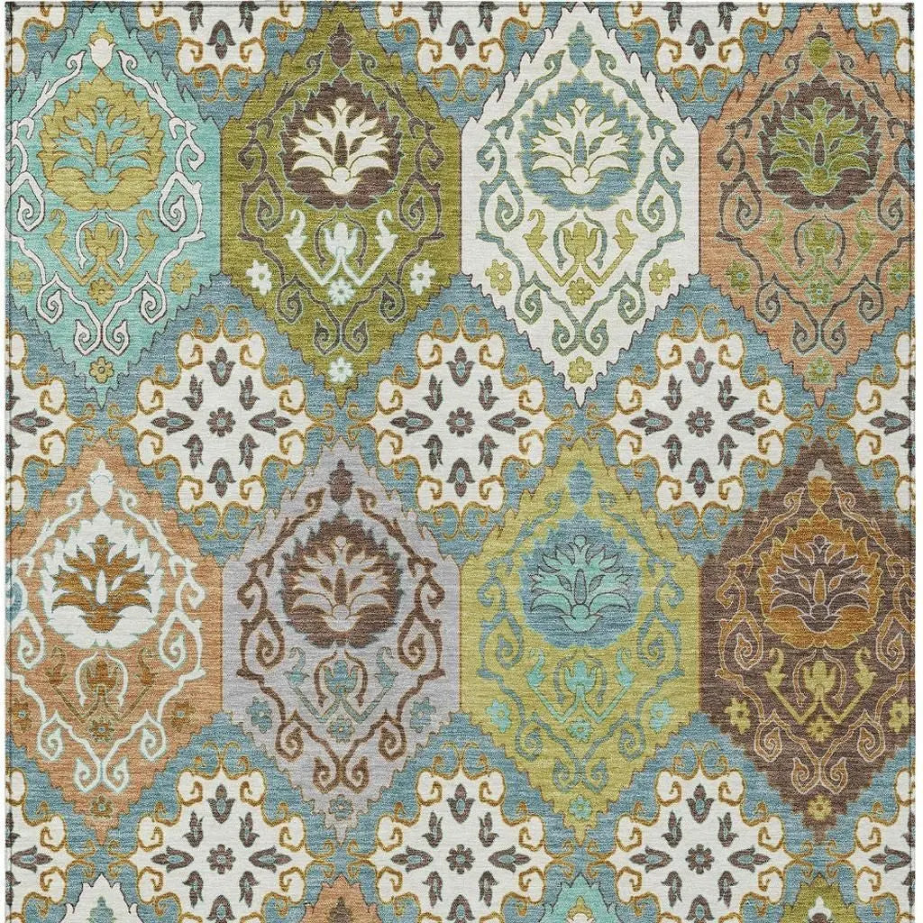 8' X 10' Teal Blue And Ivory Geometric Washable Indoor Outdoor Area Rug Homeroots Outdoor
