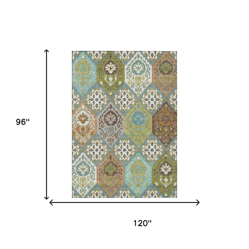 8' X 10' Teal Blue And Ivory Geometric Washable Indoor Outdoor Area Rug Homeroots Outdoor