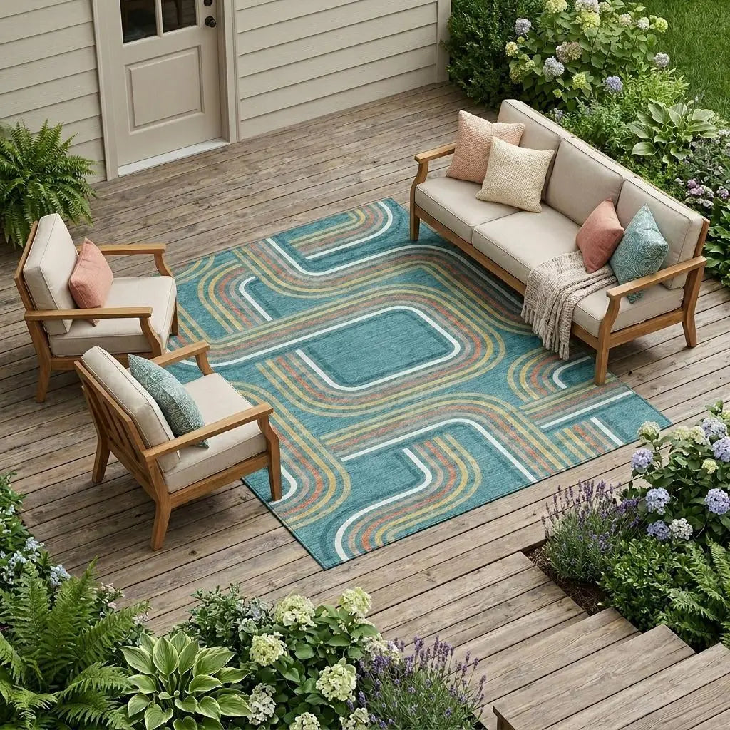 8' X 10' Teal Blue And Ivory Geometric Washable Indoor Outdoor Area Rug Homeroots Outdoor