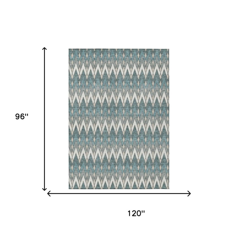 8' X 10' Teal Blue And Ivory Geometric Washable Indoor Outdoor Area Rug Homeroots Outdoor