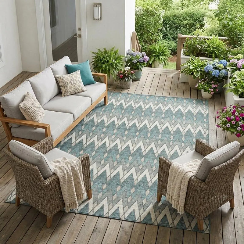 8' X 10' Teal Blue And Ivory Geometric Washable Indoor Outdoor Area Rug Homeroots Outdoor