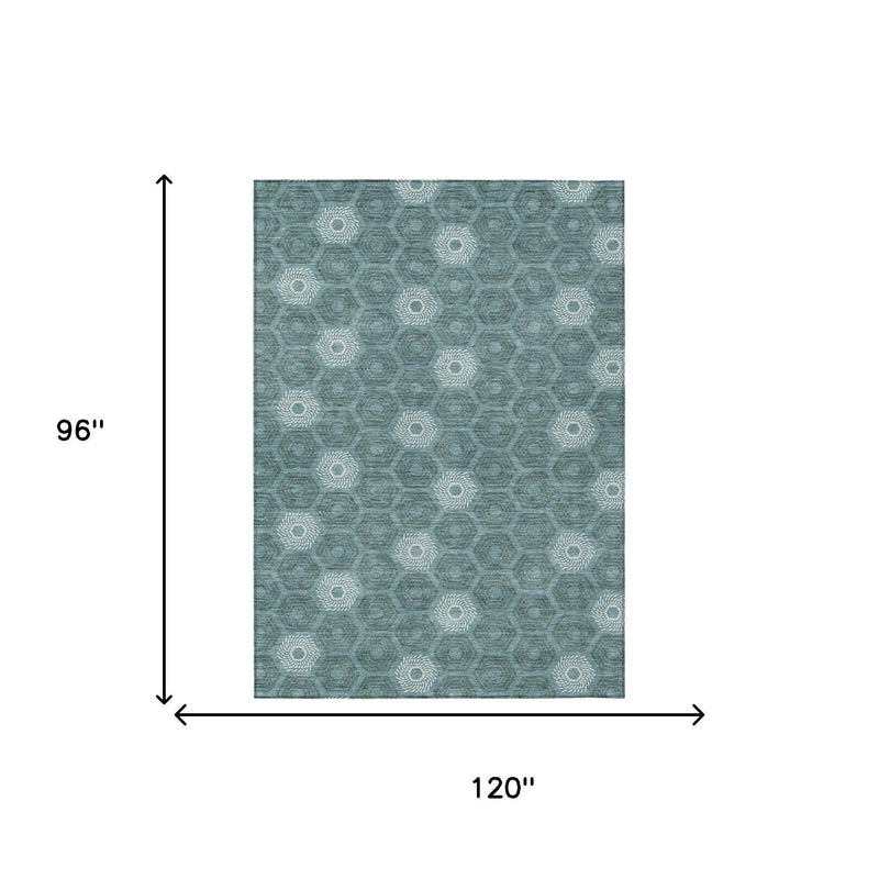 8' X 10' Teal Blue And Ivory Geometric Washable Indoor Outdoor Area Rug Homeroots Outdoor