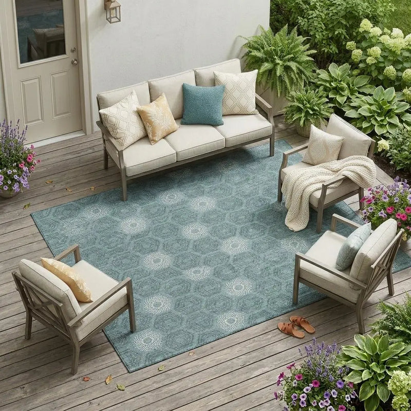 8' X 10' Teal Blue And Ivory Geometric Washable Indoor Outdoor Area Rug Homeroots Outdoor