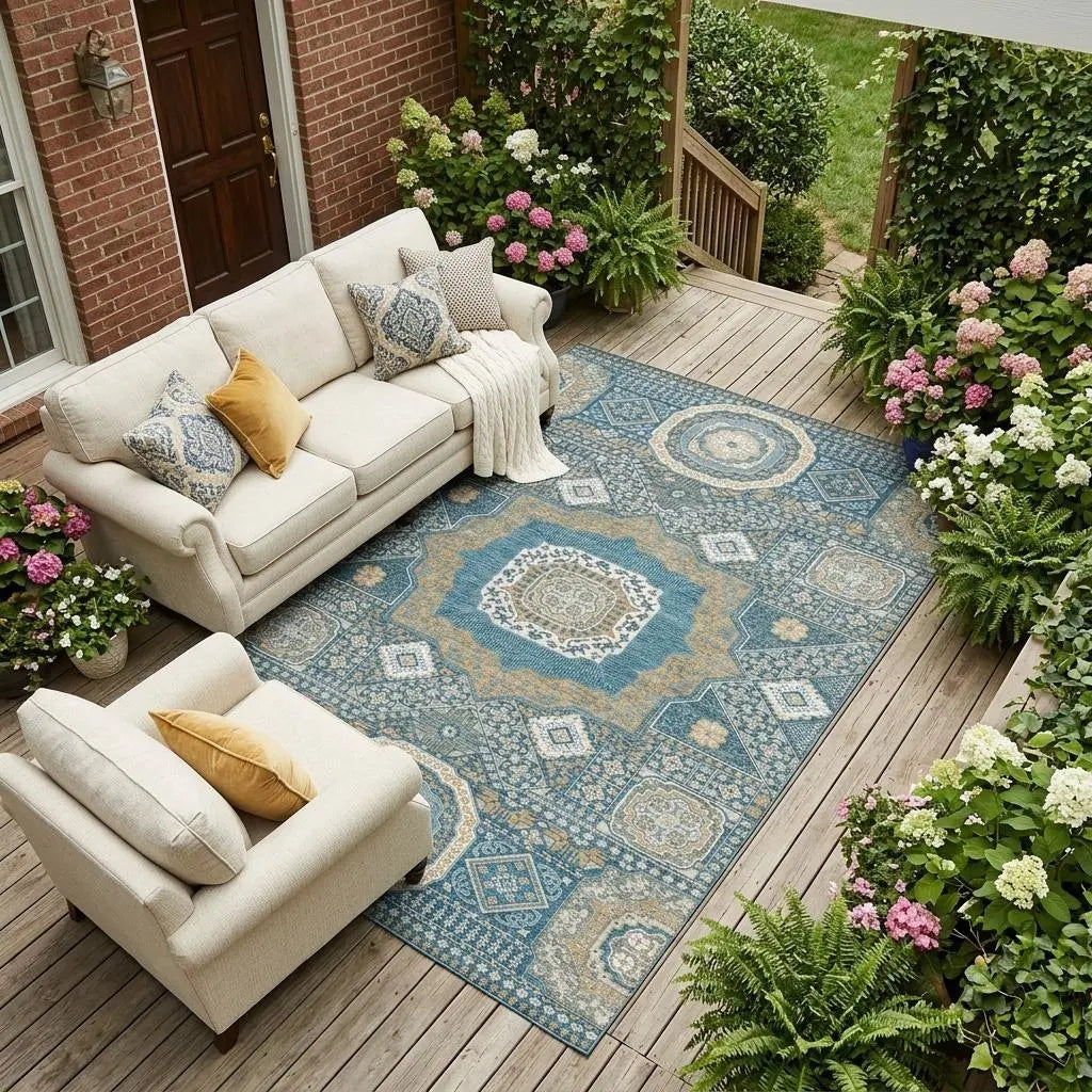 8' X 10' Teal Blue And Ivory Oriental Washable Indoor Outdoor Area Rug Homeroots Outdoor