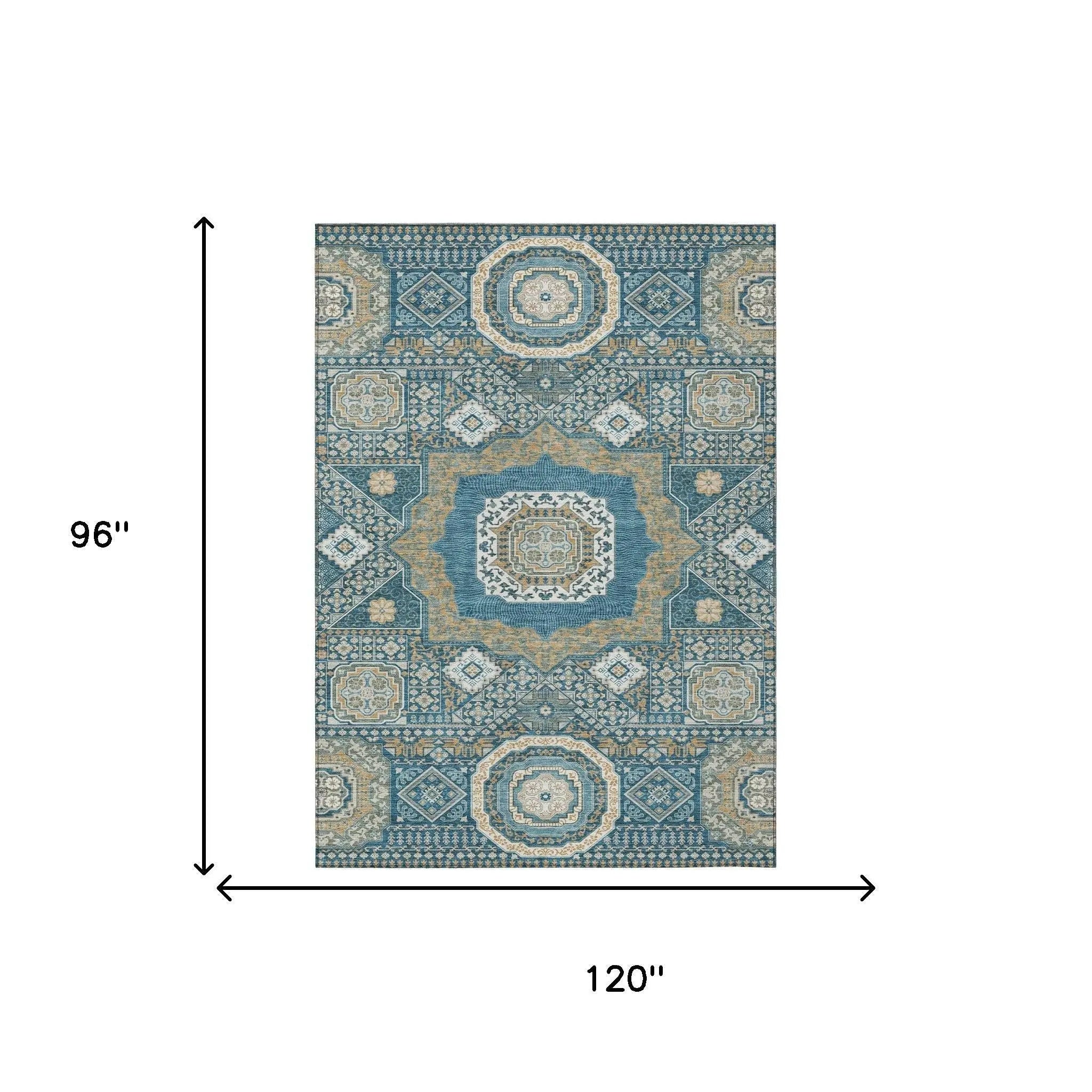 8' X 10' Teal Blue And Ivory Oriental Washable Indoor Outdoor Area Rug Homeroots Outdoor