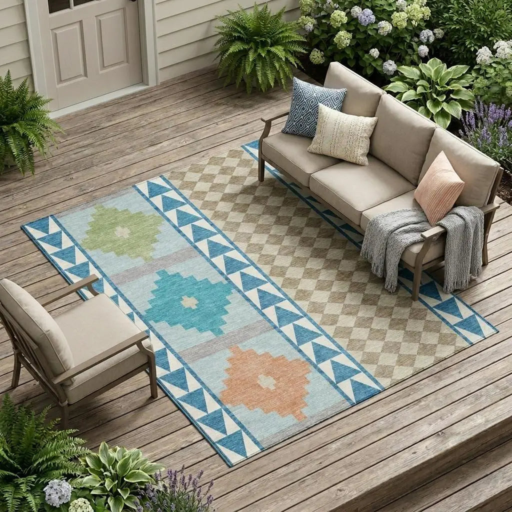 8' X 10' Teal Blue And Ivory Southwestern Washable Indoor Outdoor Area Rug Homeroots Outdoor