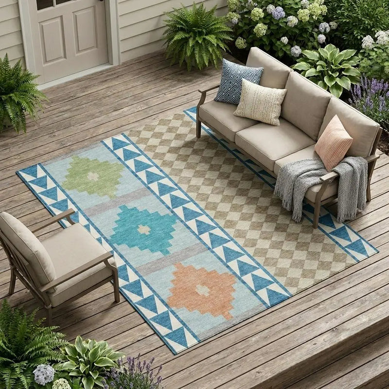 8' X 10' Teal Blue And Ivory Southwestern Washable Indoor Outdoor Area Rug Homeroots Outdoor