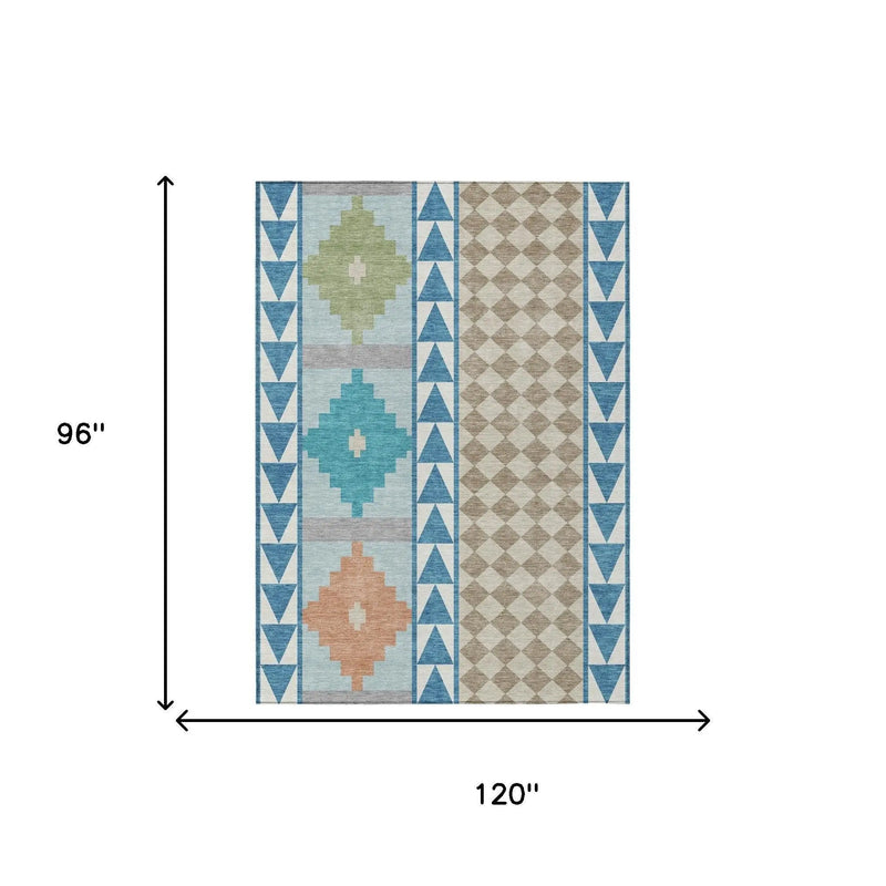8' X 10' Teal Blue And Ivory Southwestern Washable Indoor Outdoor Area Rug Homeroots Outdoor